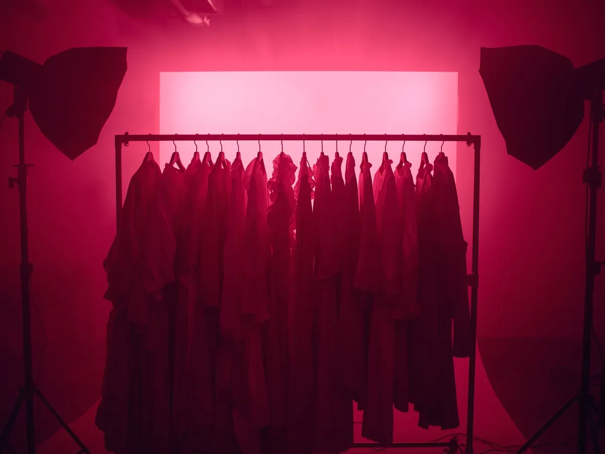 Backstage garments under pink light