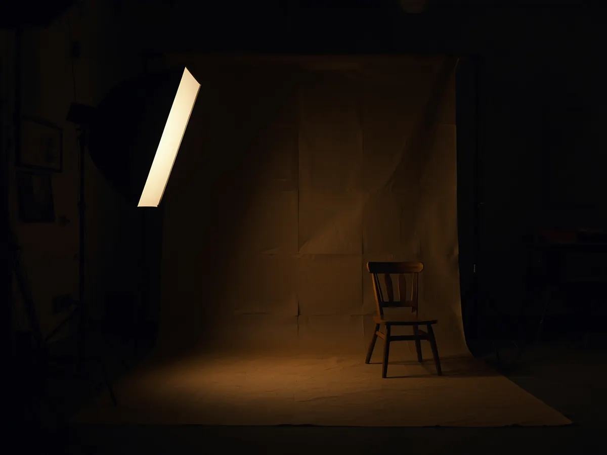 A single softbox and an empty chair in a dark studio